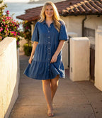 Plus Size Puff Sleeve Tiered Shirtdress - Chambray