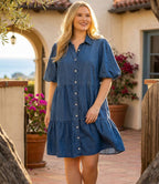 Plus Size Puff Sleeve Tiered Shirtdress - Chambray