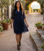 Plus Size V-Neck Scallop Lace Dress - Navy