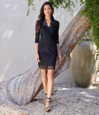 Petite Size V-Neck Scallop Lace Dress - Black