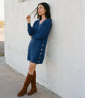 Petite Size Long Sleeve V-Neck Button Detail Dress