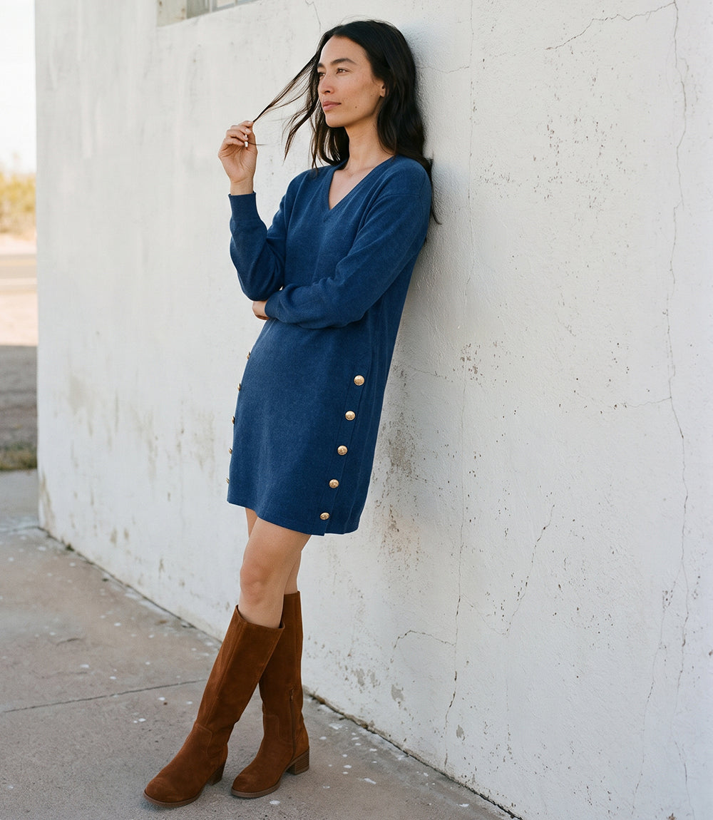 Petite Size Long Sleeve V-Neck Button Detail Dress