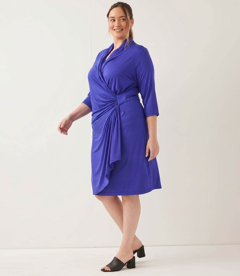 Plus Size 3/4 Sleeve Faux Wrap Dress - Royal