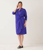 Plus Size 3/4 Sleeve Faux Wrap Dress - Royal