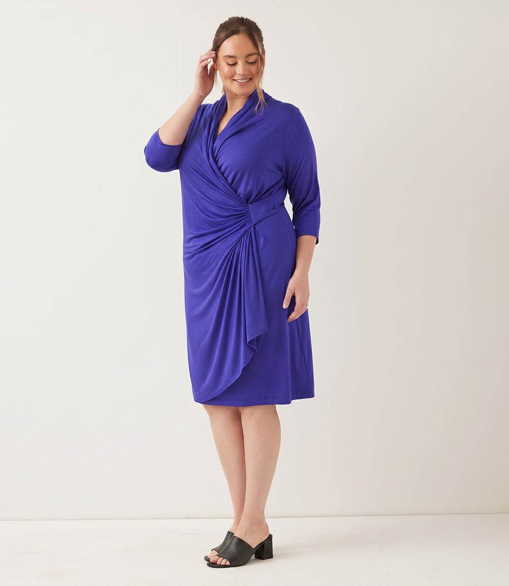 Plus Size 3/4 Sleeve Faux Wrap Dress - Royal