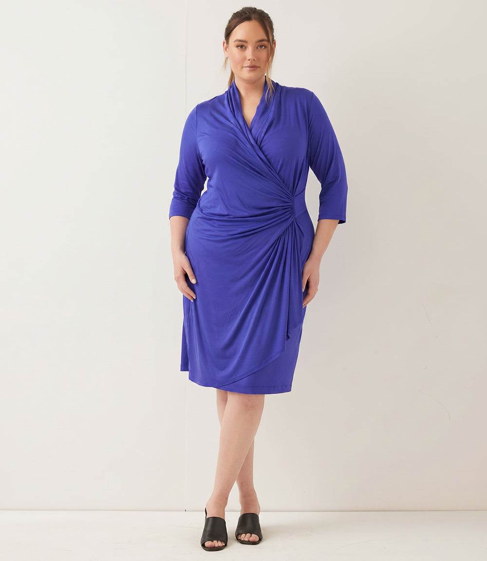 Plus Size 3/4 Sleeve Faux Wrap Dress - Royal