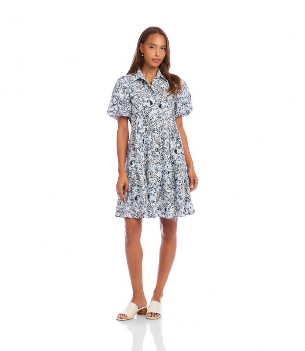 Petite Size Puff Sleeve Tiered Shirtdress - Paisley