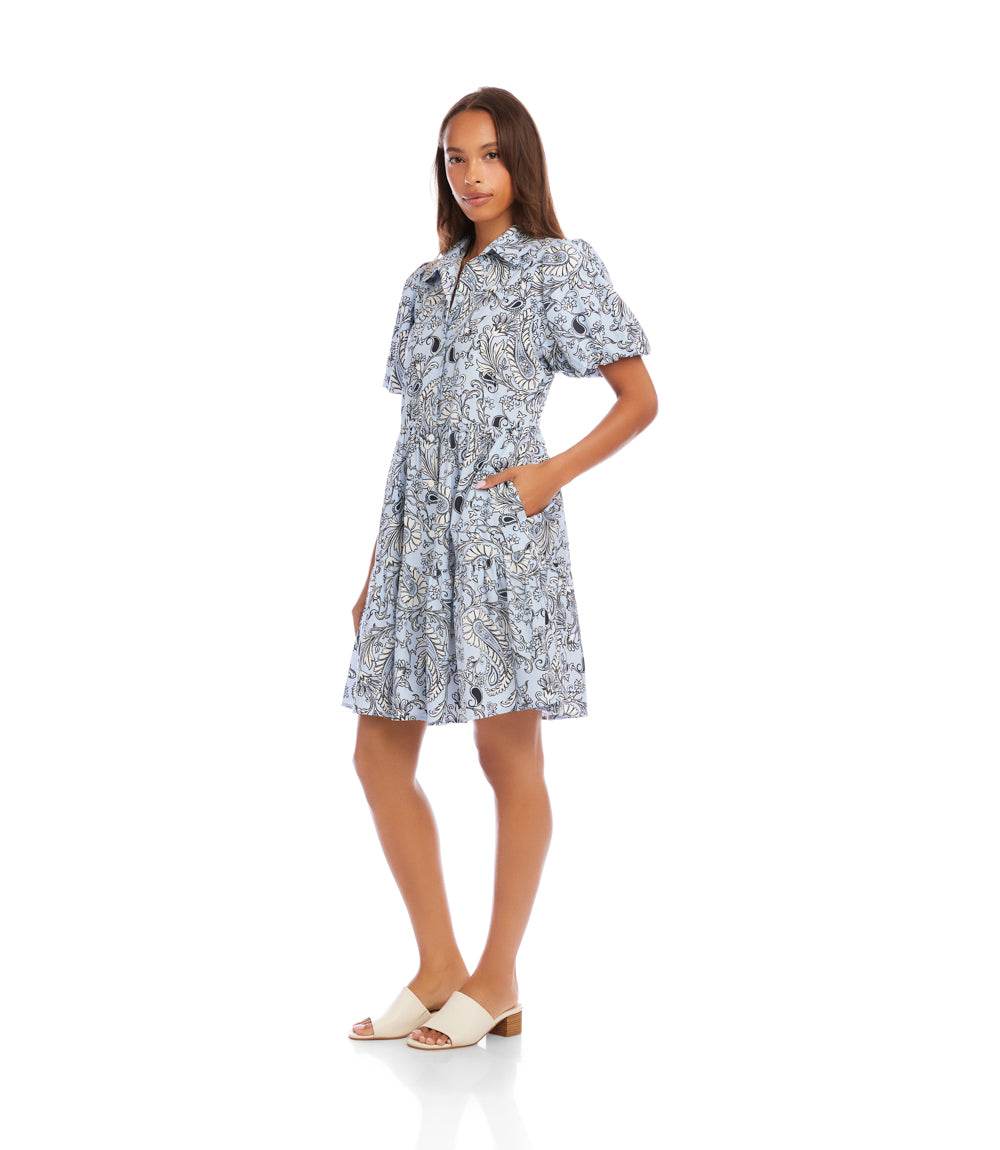 Petite Size Puff Sleeve Tiered Shirtdress - Paisley