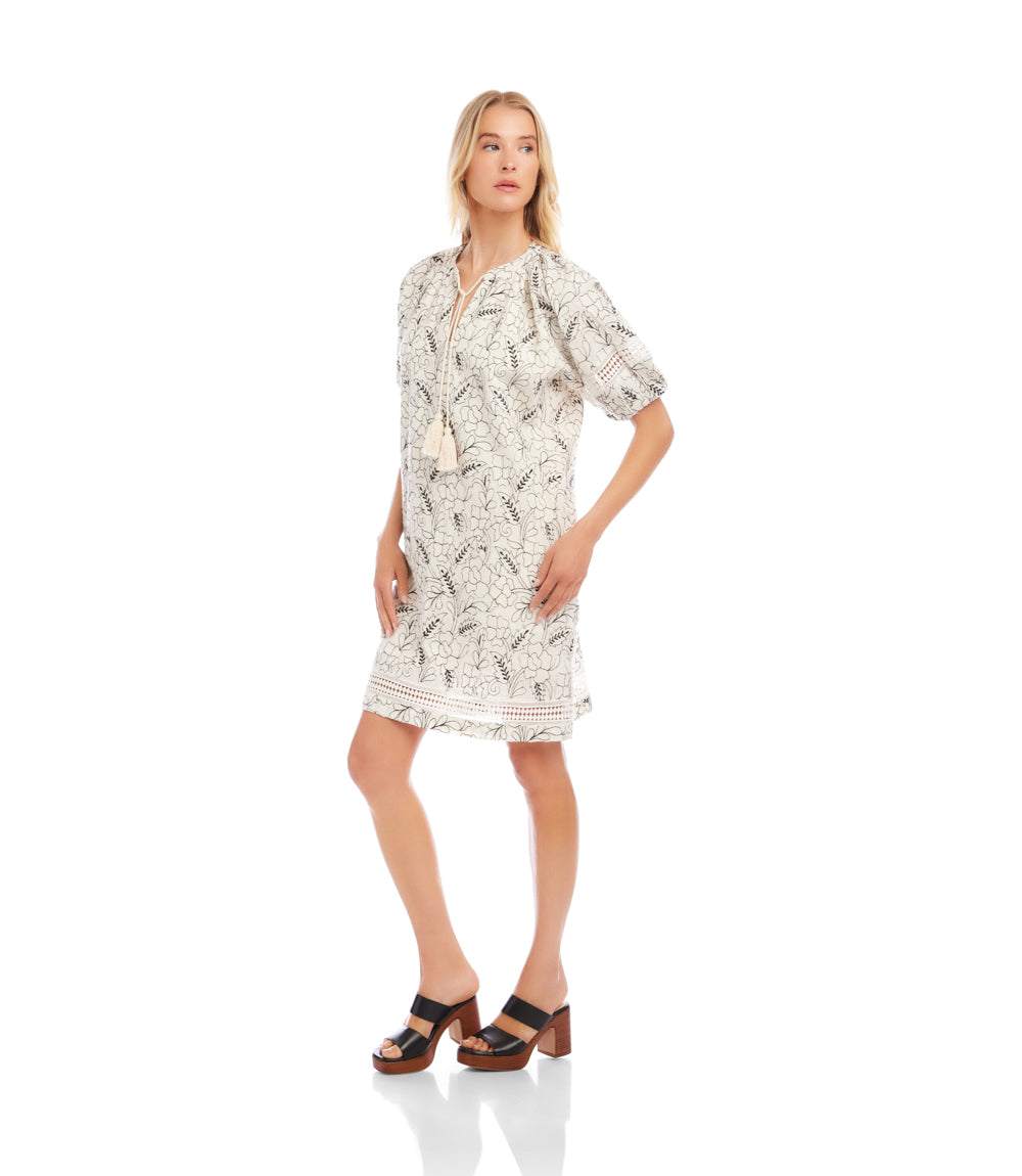 Petite Size Puff Sleeve Tassel Dress - Cream