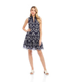 Petite Size Sleeveless Eyelet Dress - Navy With Off White