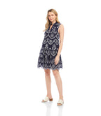 Petite Size Sleeveless Eyelet Dress - Navy With Off White