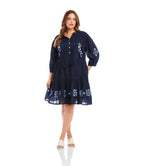 Plus Size Blouson Sleeve Embroidered Lace Trim Tiered Dress