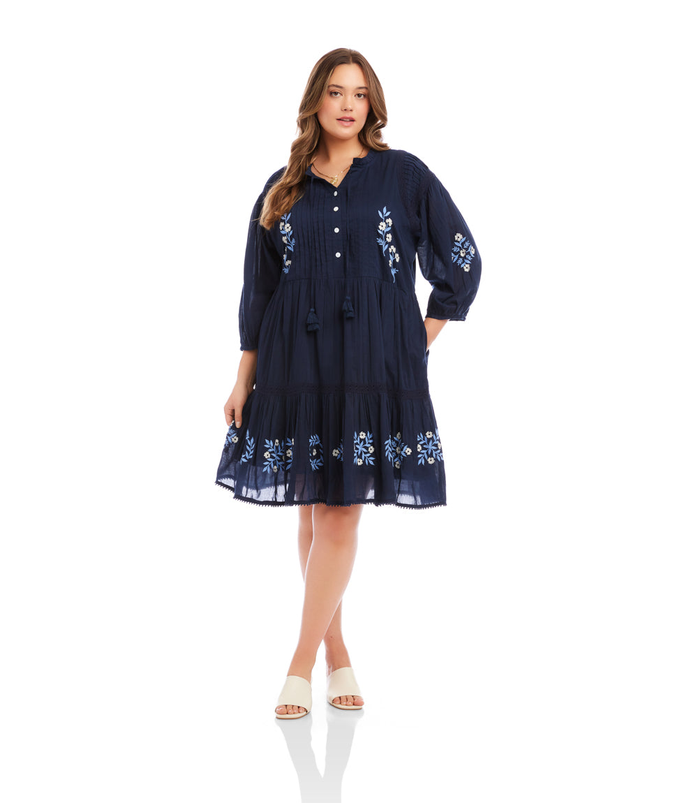 Plus Size Blouson Sleeve Embroidered Lace Trim Tiered Dress