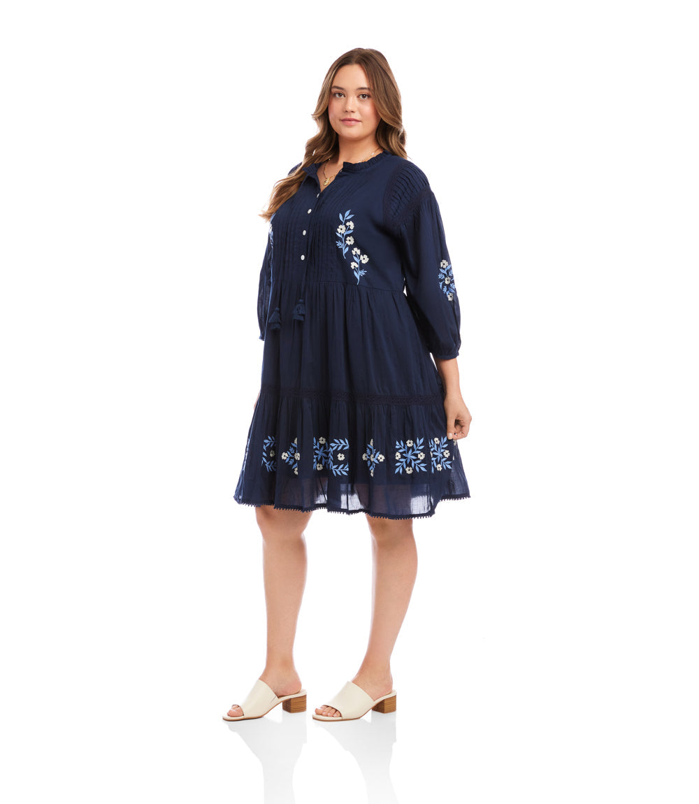 Plus Size Blouson Sleeve Embroidered Lace Trim Tiered Dress
