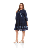 Plus Size Blouson Sleeve Embroidered Lace Trim Tiered Dress
