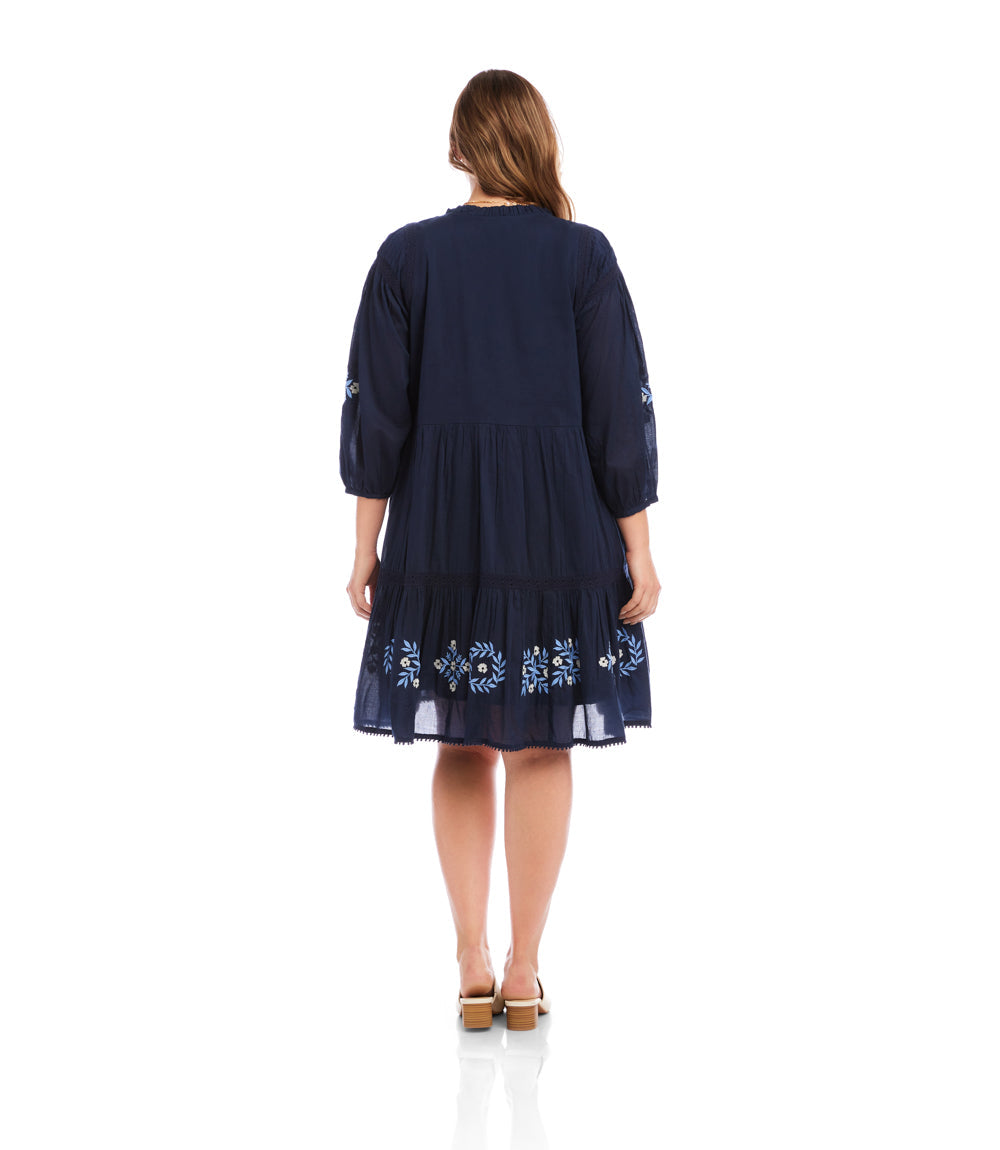 Plus Size Blouson Sleeve Embroidered Lace Trim Tiered Dress