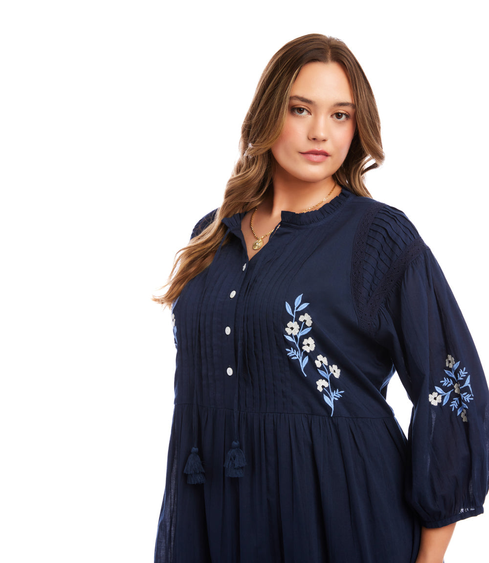 Plus Size Blouson Sleeve Embroidered Lace Trim Tiered Dress