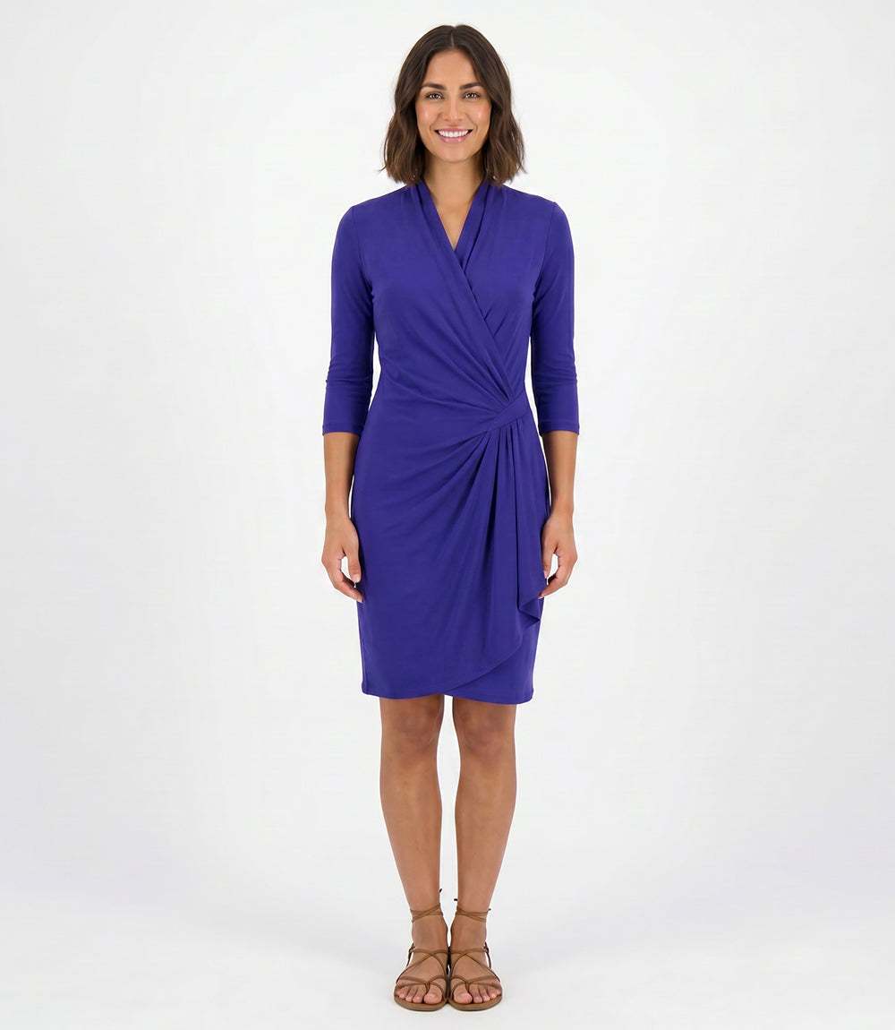 Petite Size 3/4 Sleeve Faux Wrap Dress - Royal