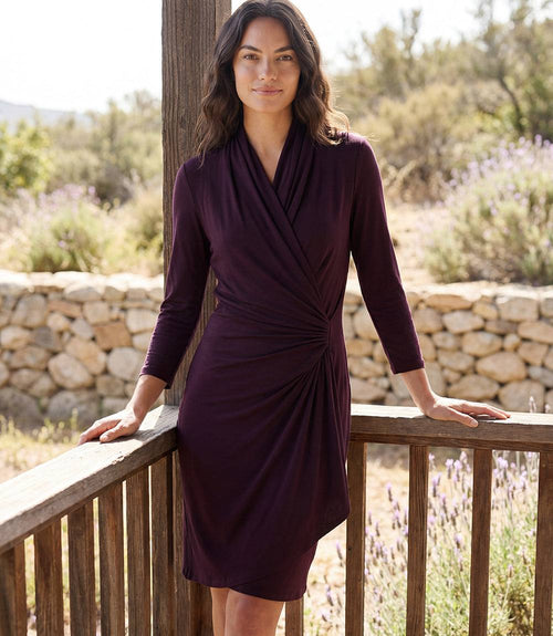 Petite Size 3/4 Sleeve Faux Wrap Dress - Bordeaux