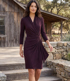 Petite Size 3/4 Sleeve Faux Wrap Dress - Bordeaux