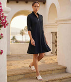 Petite Size 3/4 Sleeve Zip-Up Travel Jersey Dress - Black