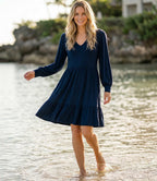 Petite Size Long Sleeve Tiered Dress - Navy