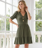 Petite Size Puff Sleeve Tiered Dress - Olive