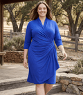Plus Size 3/4 Sleeve Faux Wrap Dress - Royal