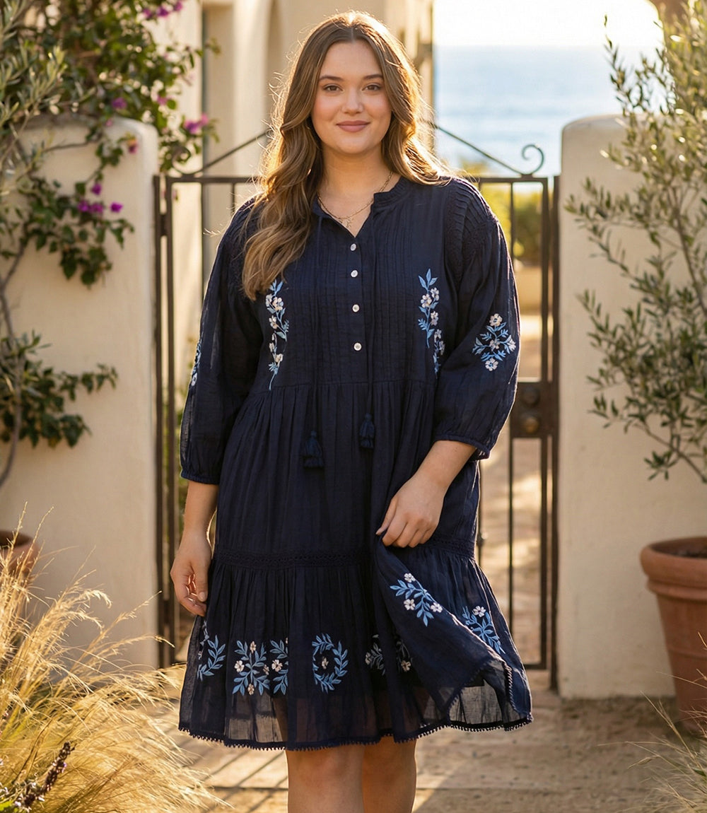 Plus Size Blouson Sleeve Embroidered Lace Trim Tiered Dress