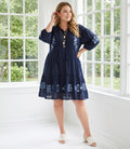 Plus Size Blouson Sleeve Embroidered Lace Trim Tiered Dress