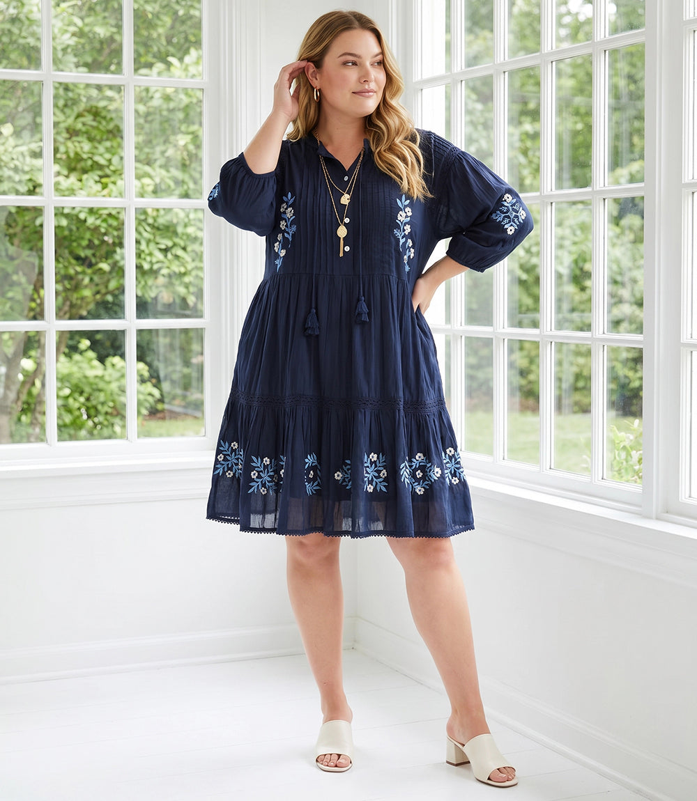 Plus Size Blouson Sleeve Embroidered Lace Trim Tiered Dress