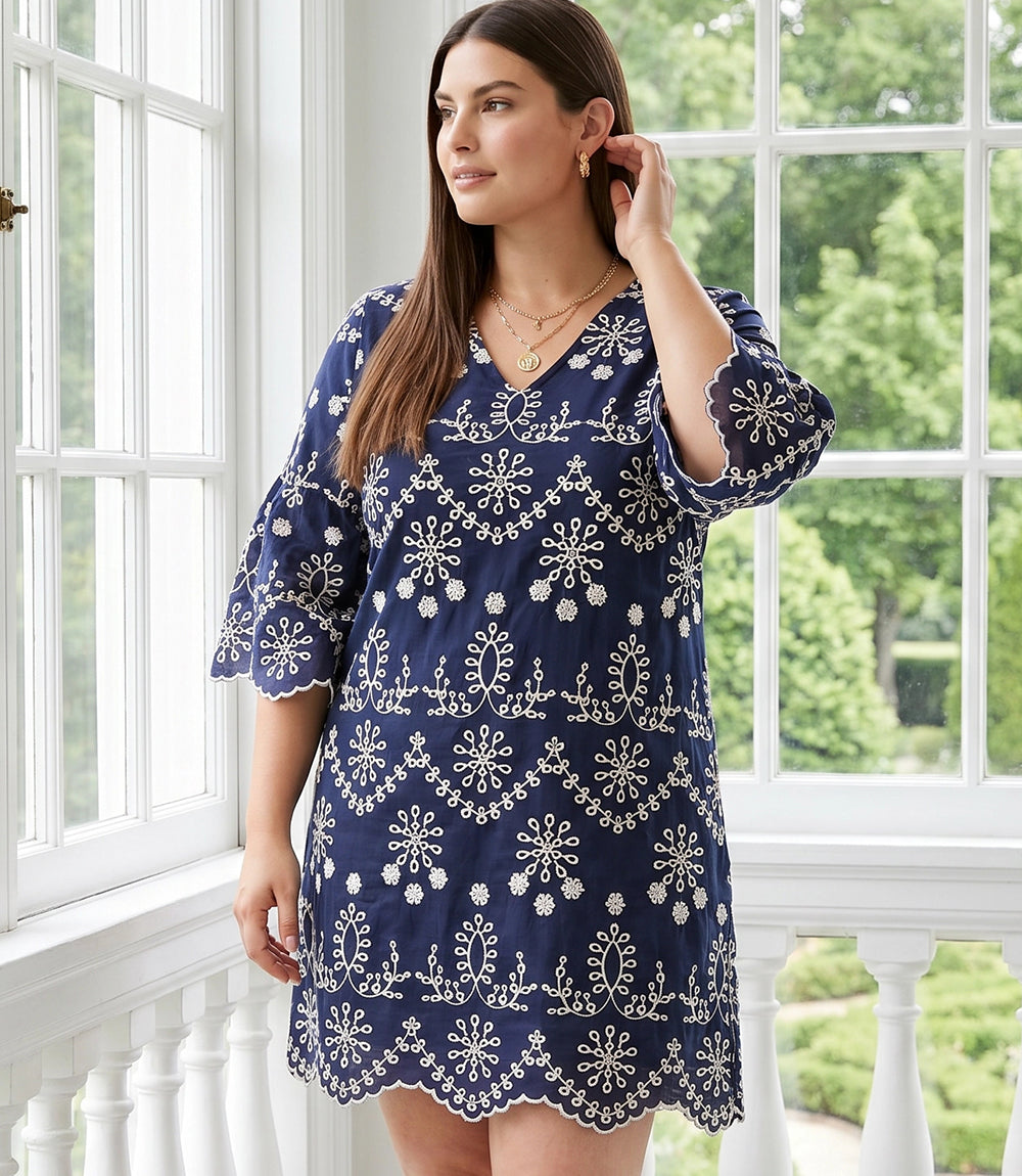Plus Size Flare Sleeve Embroidered Dress