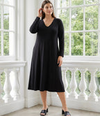 Plus Size V-Neck Midi Travel Jersey Dress - Black