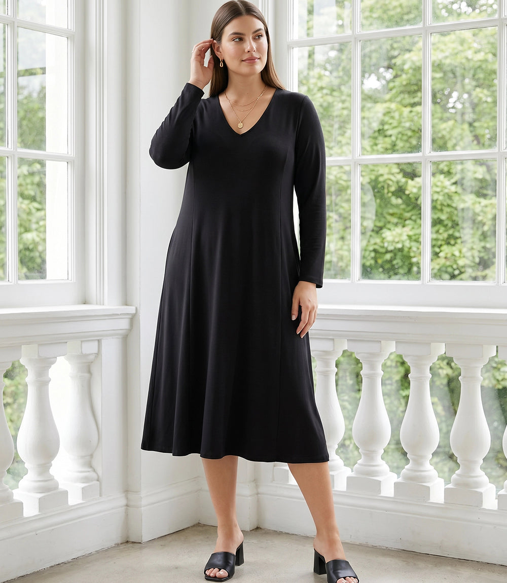 Plus Size V-Neck Midi Travel Jersey Dress - Black