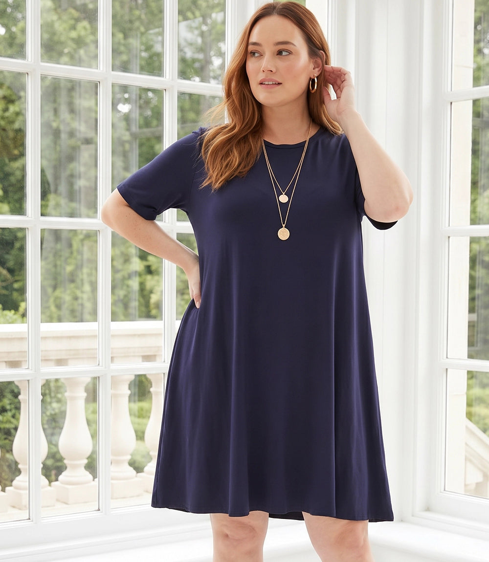 Plus Size Short Sleeve A-Line Dress - Navy