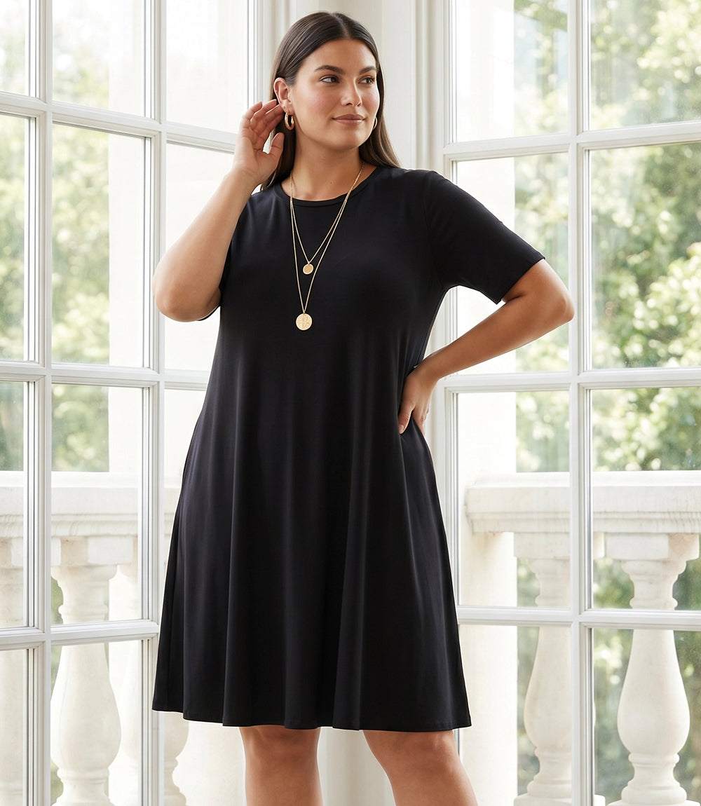 Plus Size Short Sleeve A-Line Dress - Black