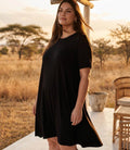 Plus Size Short Sleeve A-Line Dress - Black
