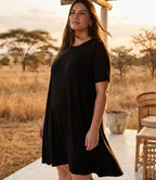 Plus Size Short Sleeve A-Line Dress - Black