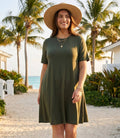 Plus Size Short Sleeve A-Line Dress - Olive