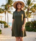 Plus Size Short Sleeve A-Line Dress - Olive