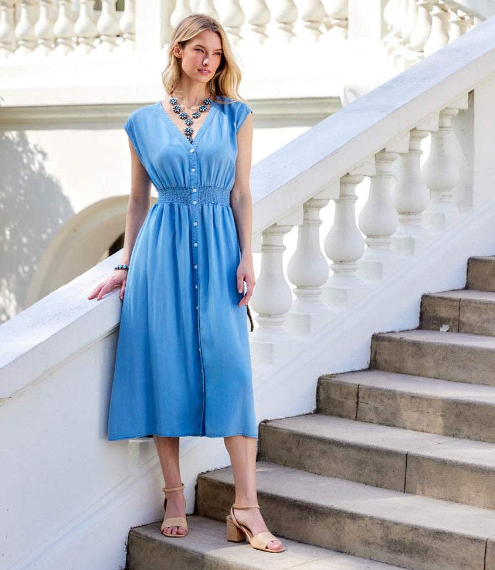 Petite Size Cap Sleeve Smocked Waist Button-Up Midi Dress