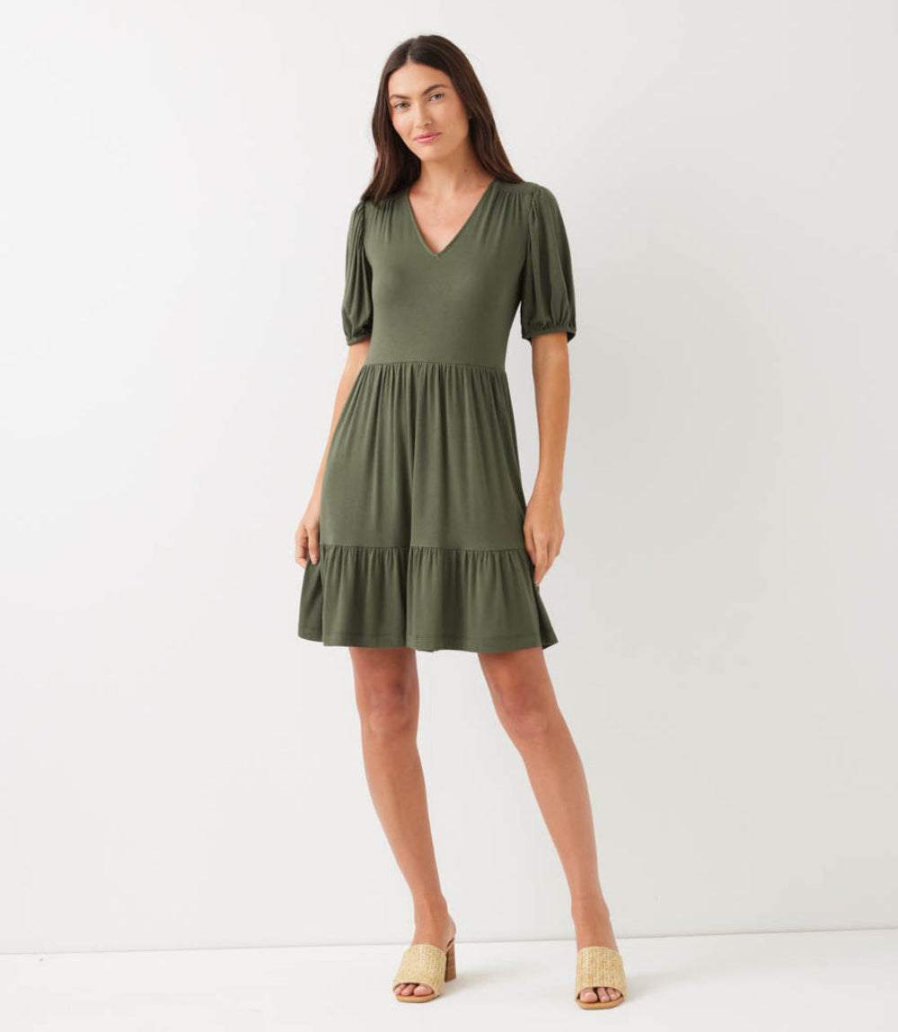 Petite Size Puff Sleeve Tiered Dress - Olive