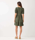 Petite Size Puff Sleeve Tiered Dress - Olive