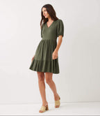 Petite Size Puff Sleeve Tiered Dress - Olive