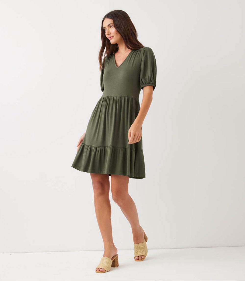 Petite Size Puff Sleeve Tiered Dress - Olive
