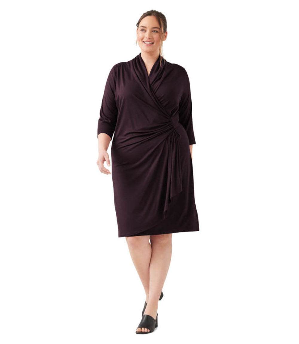 Plus Size 3/4 Sleeve Faux Wrap Dress - Bordeaux