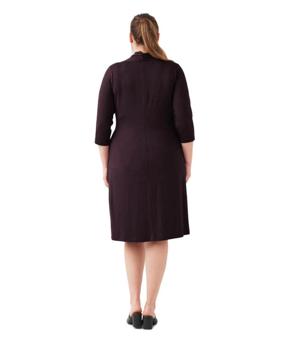 Plus Size 3/4 Sleeve Faux Wrap Dress - Bordeaux
