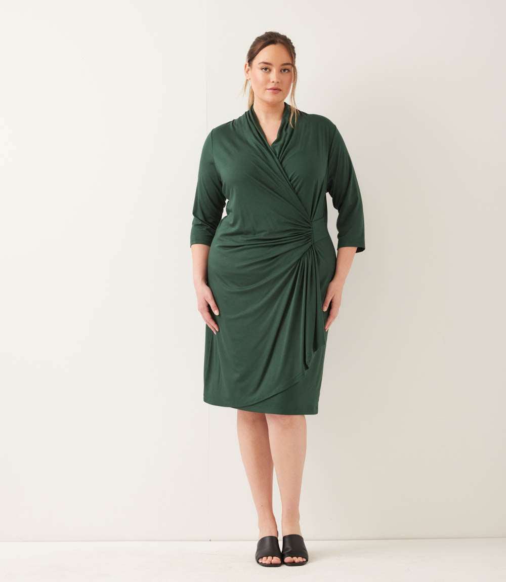 Plus Size 3/4 Sleeve Faux Wrap Dress - Forest Green