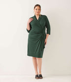 Plus Size 3/4 Sleeve Faux Wrap Dress - Forest Green