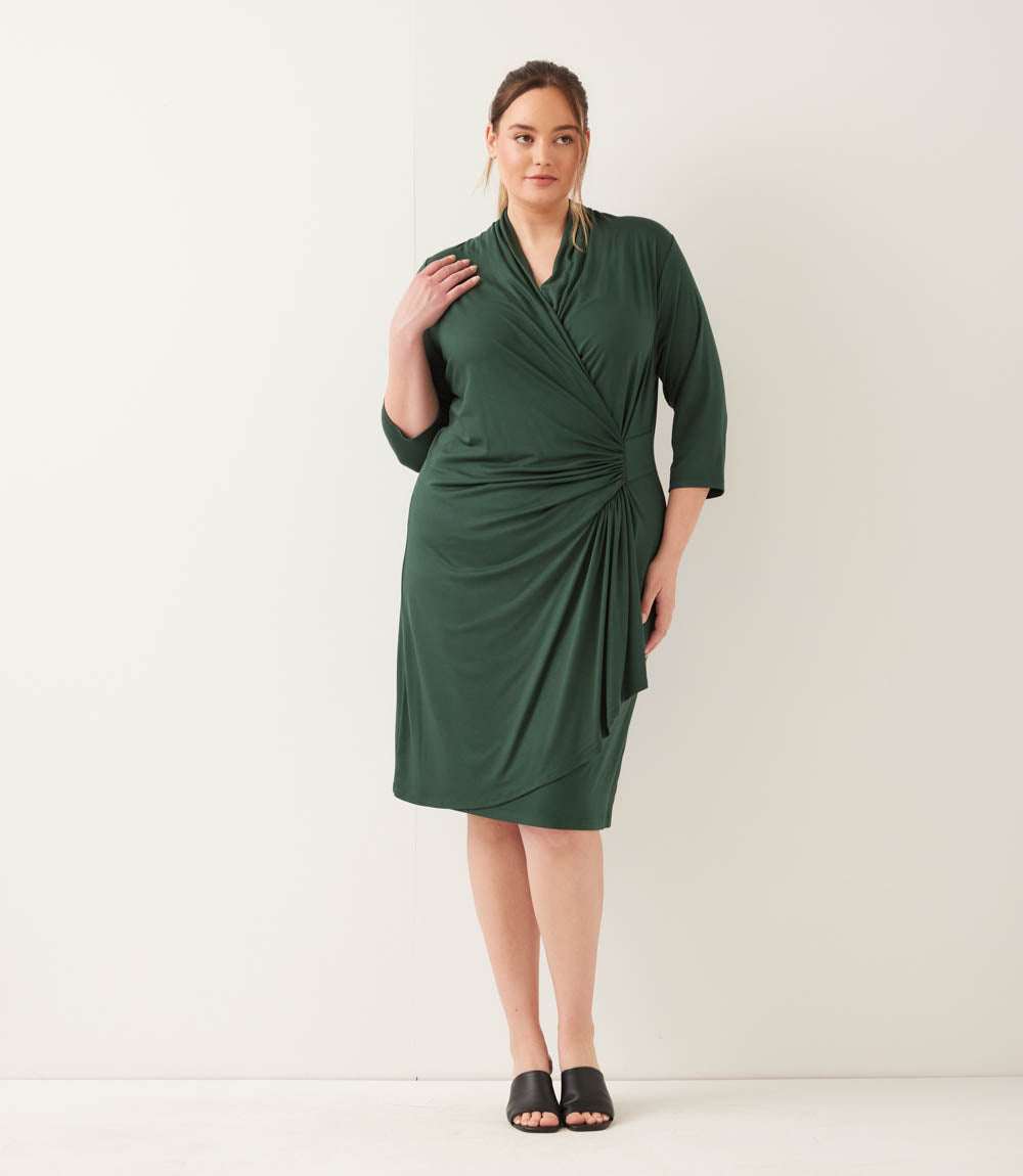 Plus Size 3/4 Sleeve Faux Wrap Dress - Forest Green